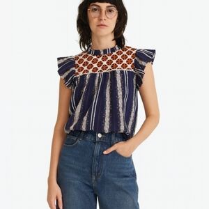 THML Shortsleeve Top Blue Orange Boho Bohemian Festival Seashells Horsebit Sz S